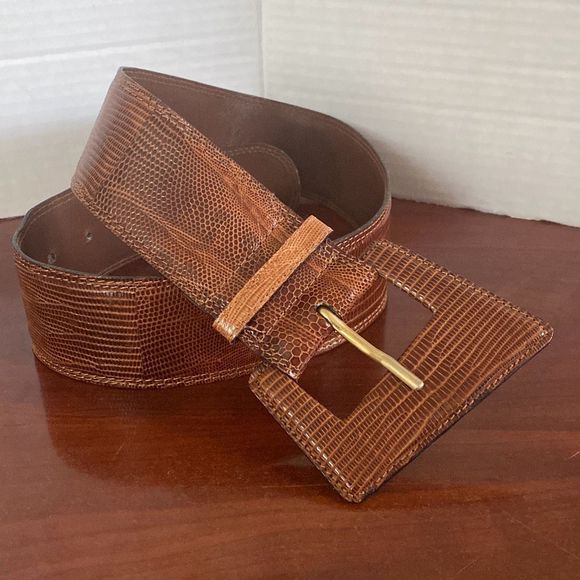 Vintage Brown Genuine Lizard Wide Belt and Buckle Women S/M Made in Argentina